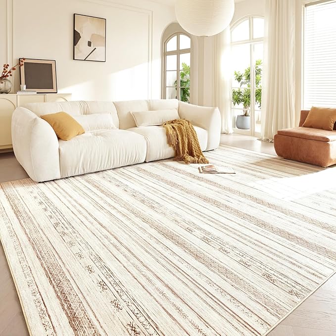 Boraya Area Rugs for Living Room: 8x10 Washable Boho Rug for Bedroom Large Neutral Bohemian Moroccan Farmhouse Geometric Dining Room Rugs Ultra Soft Floor Carpet Indoor for Home Office - Brown Beige