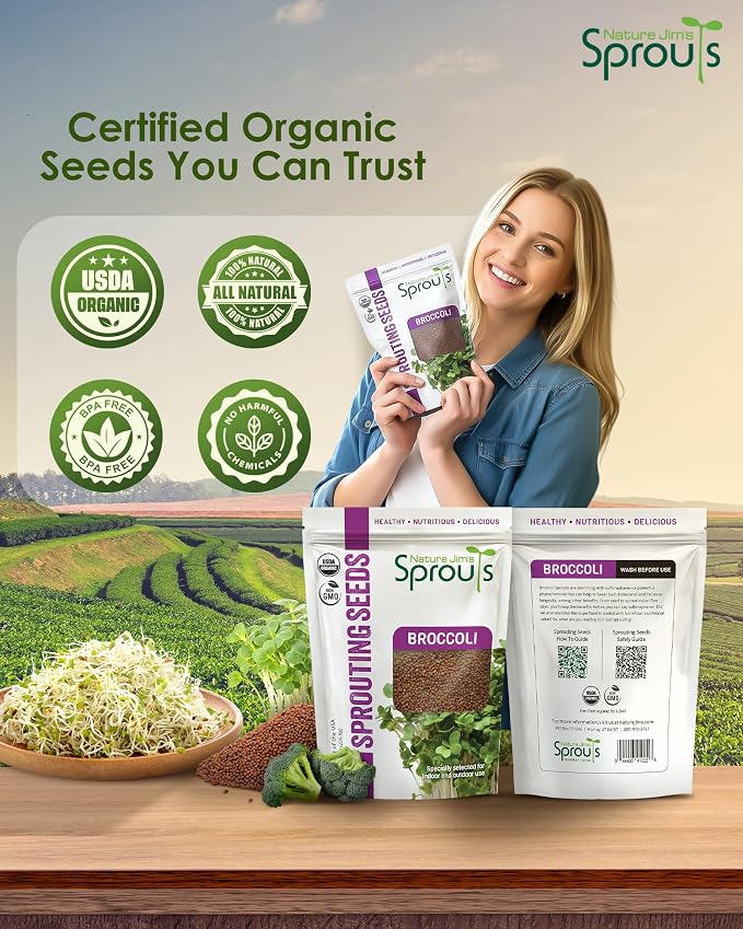 Nature Jim's Organic Broccoli Sprouting Seeds – Non-GMO, Rich in Sulforaphane, Fast-Growing Microgreen Seeds for Indoor/Outdoor Planting– Ideal Organic Sprouting Seed for Nutritious Gardening - 8oz