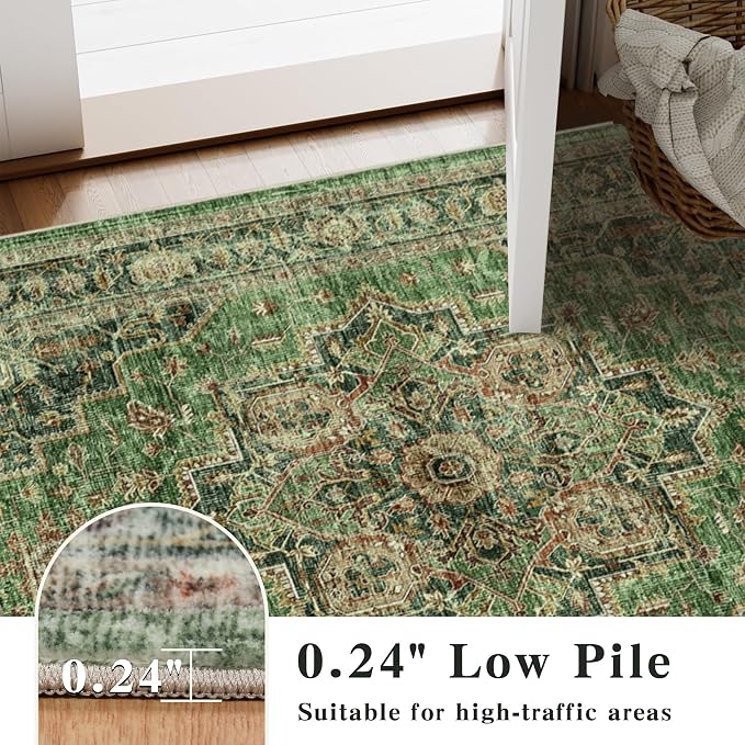 Area Rug 2x3 Entryway Rug Soft Washable Low Pile Vintage Doormat | Non Slip, Low Pile, Lightweight Carpet, Stain-Resistant Small Rug, Vintage Green for Entrance, Kitchen, Bedroom, Living Room