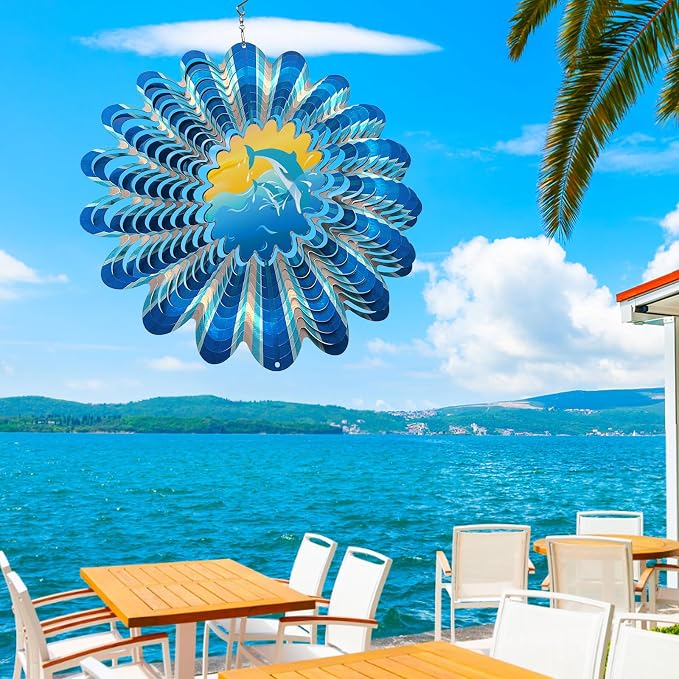 Animated Dolphin Wind Spinner - 3D Kinetic Yard Art Garden Decor | 12in Animations Wind Spinners for Yard and Garden, Metal Hanging Wind Sculpture, Outdoor Decoration, Gift for Sea/Ocean Lover