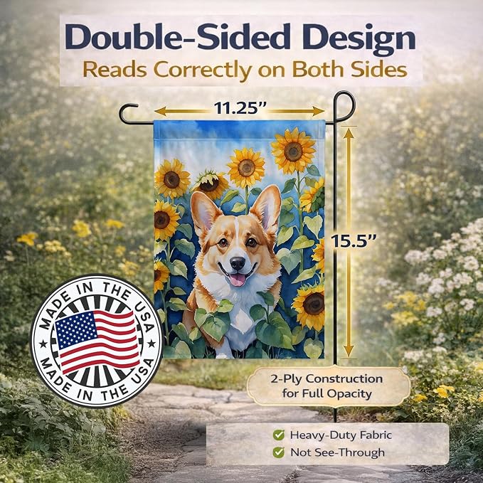 Caroline's Treasures DAC6062GF Corgi in Sunflowers Garden Flag Mailbox Flag Decorative Yard Flag Banner Outside Patio Artwork Yard Flower Beds, Garden Size, Multicolor