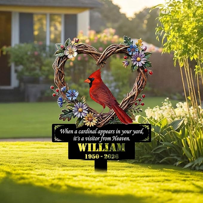 Personalized Cardinal Garden Sign with Stakes, Red Bird Metal Decor, Flower Yard Metal plaque, Gifts for Mom/Grandmother, Patio House Warming Gifts Outside