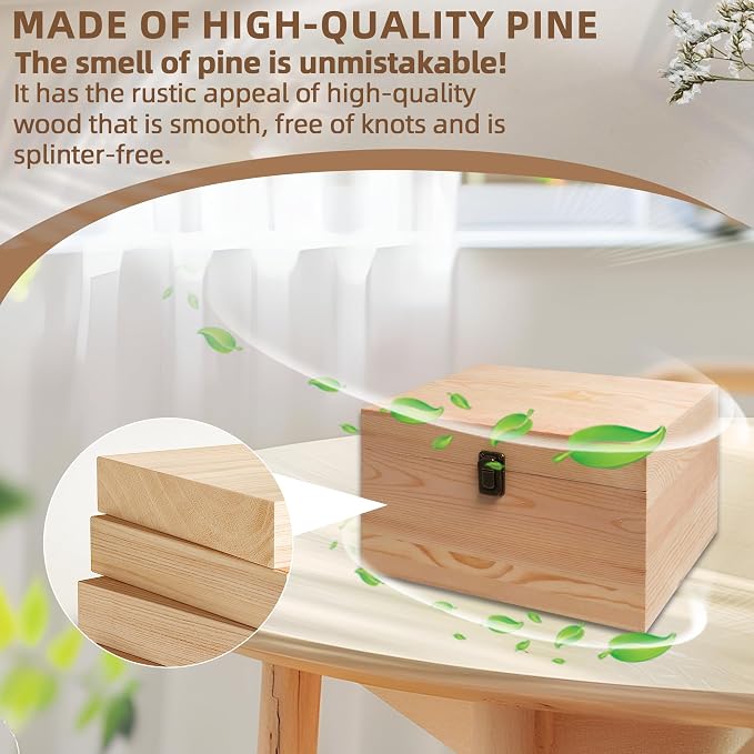 10.71x8x5.66-Inch Unfinished Wooden Box with Hinged Lid & Front Clasp for DIY Art Project Crafts Woodcraft Keepsake - Easy to Stain Paint Wood Burning