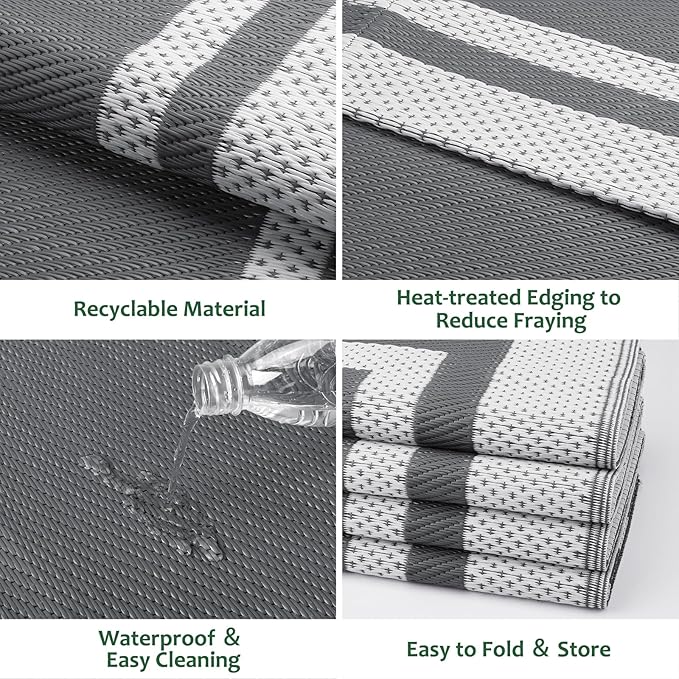 HappyTrends,Outdoor Rug,Patio Rug,Reversible Portable Outdoor Plastic Straw Rug,Camping Rugs for Outside RV,Large Waterproof Area Rugs for Patio,Deck,Picnic,Porch,Balcony(4'x 6',White&Gray)