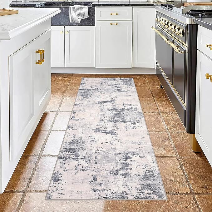 ROYHOME Modern Abstract 2x6 Runner Rug Washable Non Slip, Grey Taupe | Stain Resistant Rug for Hallway Kitchen Bedroom Non Shedding Low Pile Indoor Floor Cover