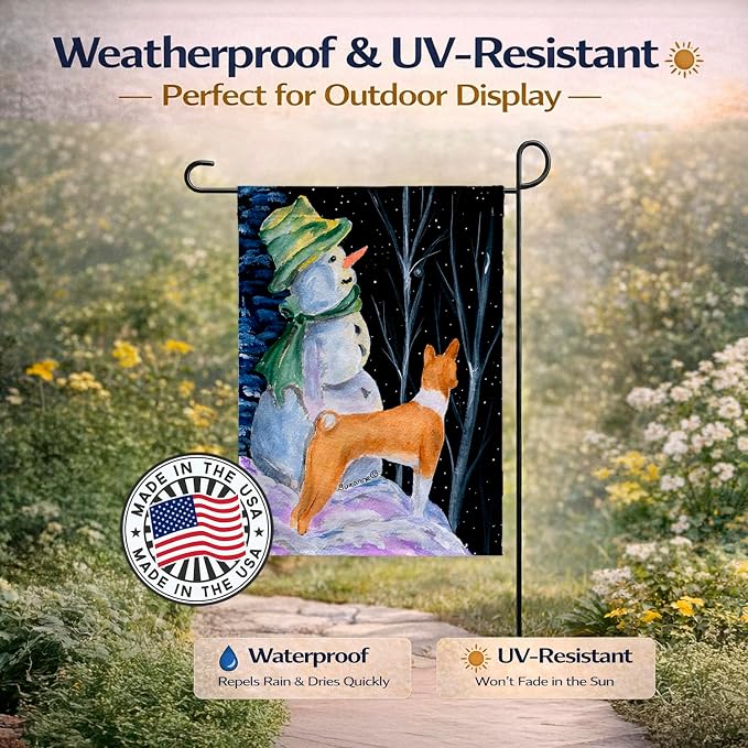 Caroline's Treasures SS8556GF Snowman with Basenji Garden Flag Mailbox Flag Decorative Yard Flag Banner Outside Patio Artwork Yard Flower Beds, Garden Size, Multicolor
