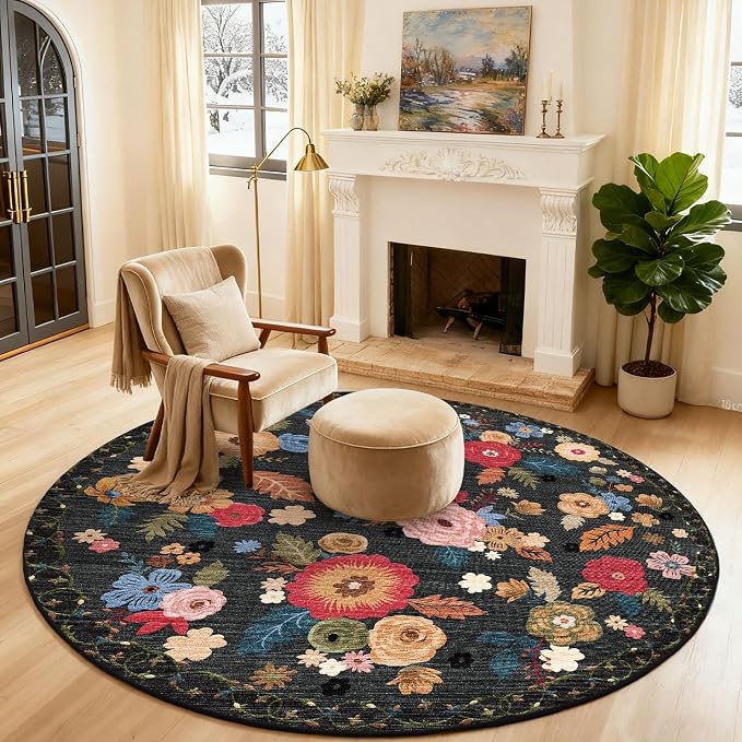 4ft Round Bedroom Rug Washable: Circle Rugs for Living Room Floral Vintage Non Slip Low Pile Soft Faux Wool Non Shedding Small Carpet for Kitchen Entryway Bathroom Bedside Office Farmhouse Entrance