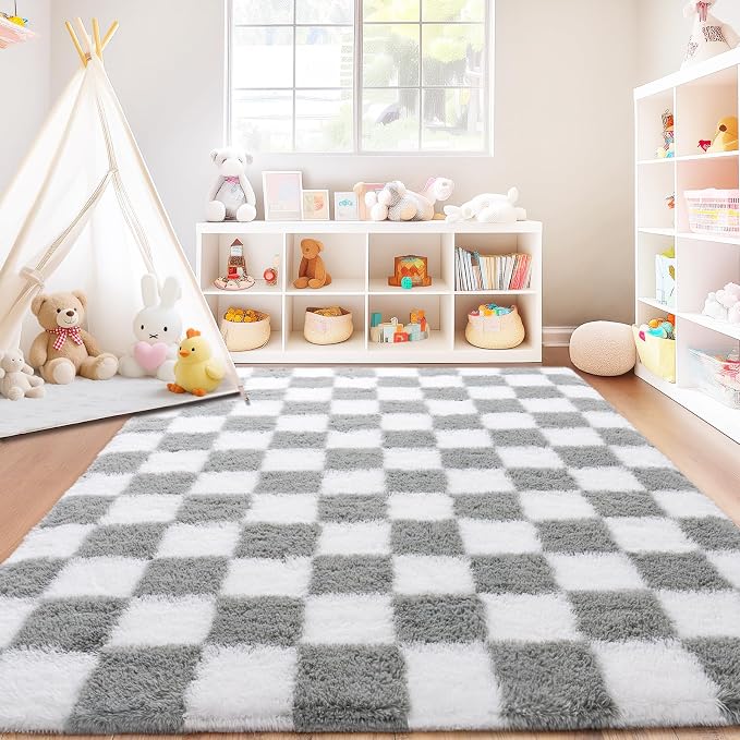 Checkered Rugs for Bedroom, 4x6 White and Grey Ultra Fluffy Fuzzy Shag Area Rug for Living Room, Modern Plush Soft Upgrade Non-Slip Carpet for Kids Girls and Boys Room Dorm Nursery Home Decor