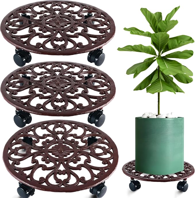 3 Packs 14 Inch Rolling Plant Stand with Wheels Metal Plant Caddy with Wheels Heavy Duty Round Plant Stand Indoor Iron Plants Rollers for Plants, Plant Dolly Brown