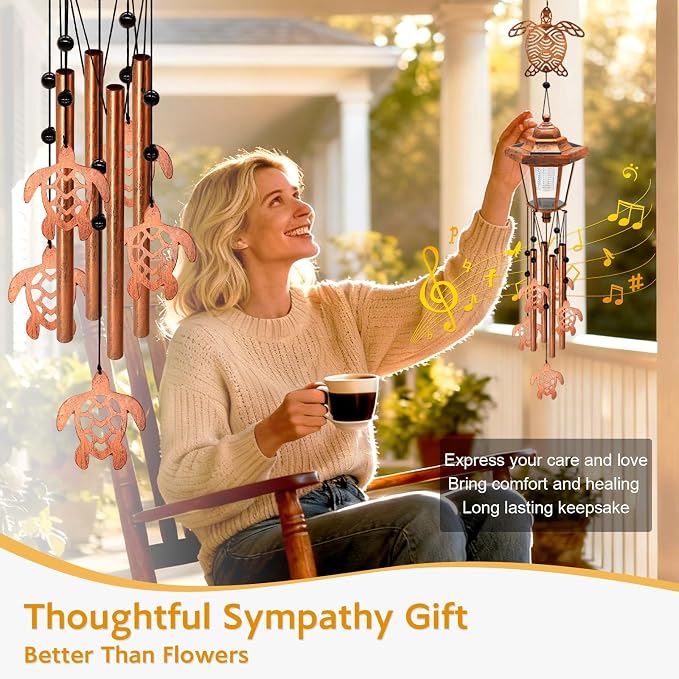 Large Solar Turtle Wind Chimes, Gifts for Women Mom Grandma Wife Sister Daughter Neighbor, Classic Bronze Wind Chimes with Wind Catcher, Solar Decor Lights for Outdoor Garden Patio Yard Porch Window
