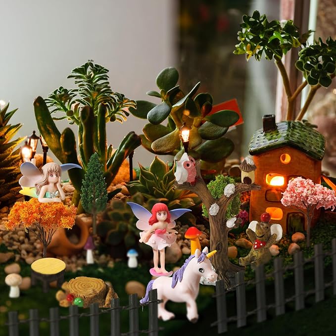 58 Pcs Miniature Garden Set Flower Angel Fairy House Animals Trees Diorama Supplies Fairy Village Mini Terrarium Figurines Micro Landscape Ornaments for DIY Garden Decor Succulent Dollhouse Craft