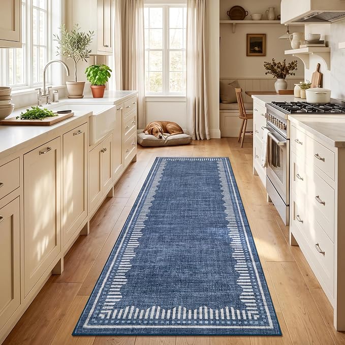 Garvee Washable Hallway Runner Rug 2x6 Non Slip Neutral Scalloped Runners | Blue Low Pile Stain Resistant Kitchen Runner Mat Solid Color Modern Geometric Living Room Bedroom Nursery Entry Area Rugs