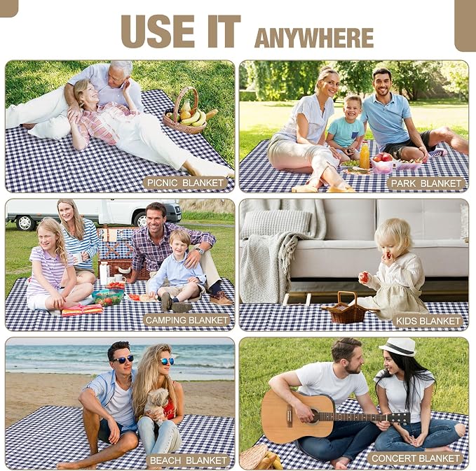 G GOOD GAIN Picnic Blankets Outdoor Extra Large - 80"x80" Portable Waterproof Picnic Blanket, Machine Washable 3-Layer Foldable Park Mat with Sandproof Backing for Grass, Hiking, Travel (Blue)