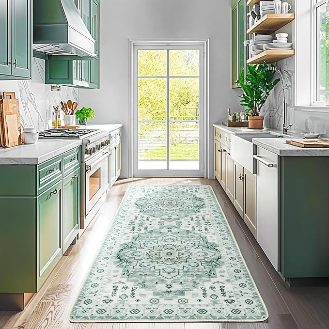LBRO2M Machine Washable Rug Soft Pet Friendly Carpet 2'6" x 8' Green | Persian Runner Rug 2'6"X8' for HallWay, Bedroom, Kitchen, Laundry Room, Non Slip Carpet, Foldable Stain Resistant Rugs