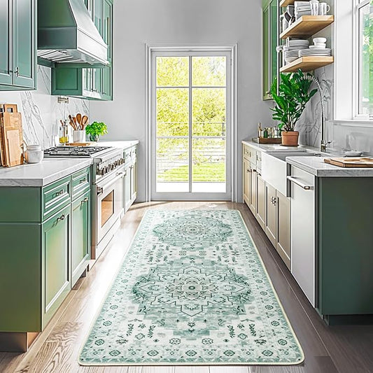 LBRO2M Machine Washable Rug Soft Pet Friendly Carpet 2'6" x 8' Green | Persian Runner Rug 2'6"X8' for HallWay, Bedroom, Kitchen, Laundry Room, Non Slip Carpet, Foldable Stain Resistant Rugs