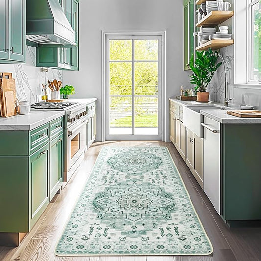 LBRO2M Machine Washable Rug Soft Pet Friendly Carpet 2X6 Green | Persian Runner Rug 2X6 for HallWay, Bedroom, Kitchen, Laundry Room, Non Slip Carpet, Foldable Stain Resistant Rugs