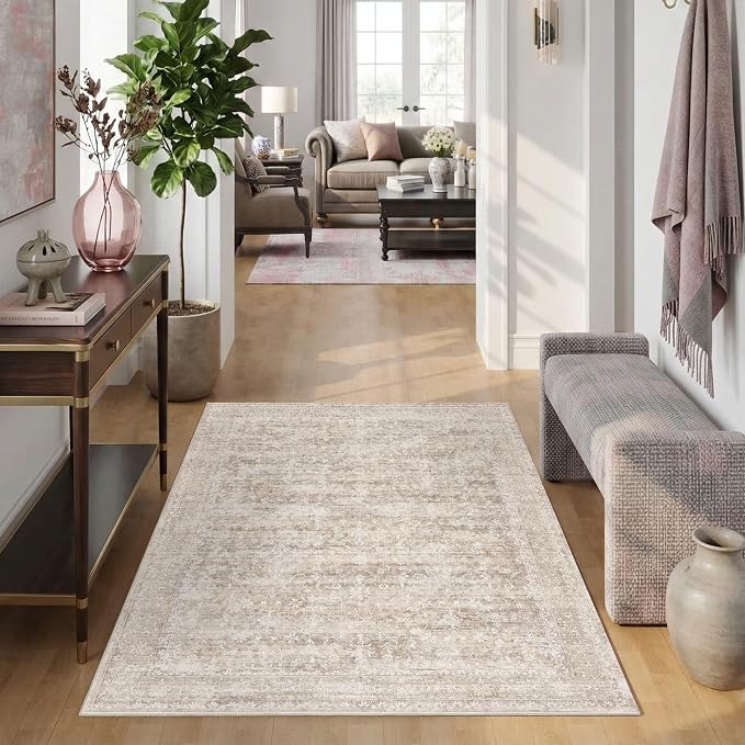 Latte&Fog 4x6 Beige Rugs for Living Room, Vintage Washable Area Rug | Non Slip Low Pile Soft Floral Cute Carpet for Dining Kitchen Kids Playroom Nursery Guest Room Classroom Dorm Farmhouse Office