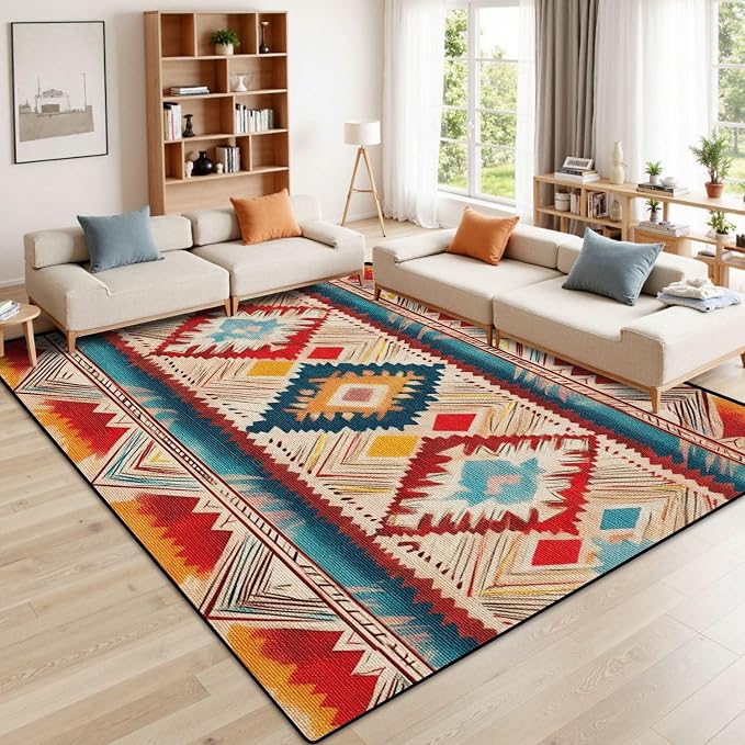 9x12 Area Rugs for Living Room Native American Indian Ornament Pattern Geometric Ethnic Textile Washable Large Area Rug for Bedroom Non Slip Outdoor Carpets Soft Mats Kitchen Home Office Decor