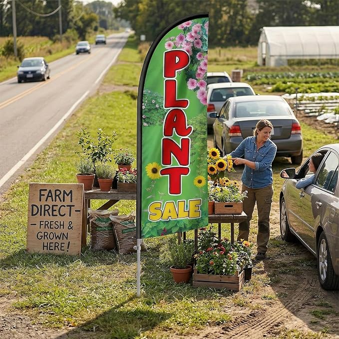 8FT Plant Sale Feather Flag with Pole & Ground Spike, Outdoor Garden Advertising Banner with Carry Bag, Eye-Catching Storefront Display for Plant Shop