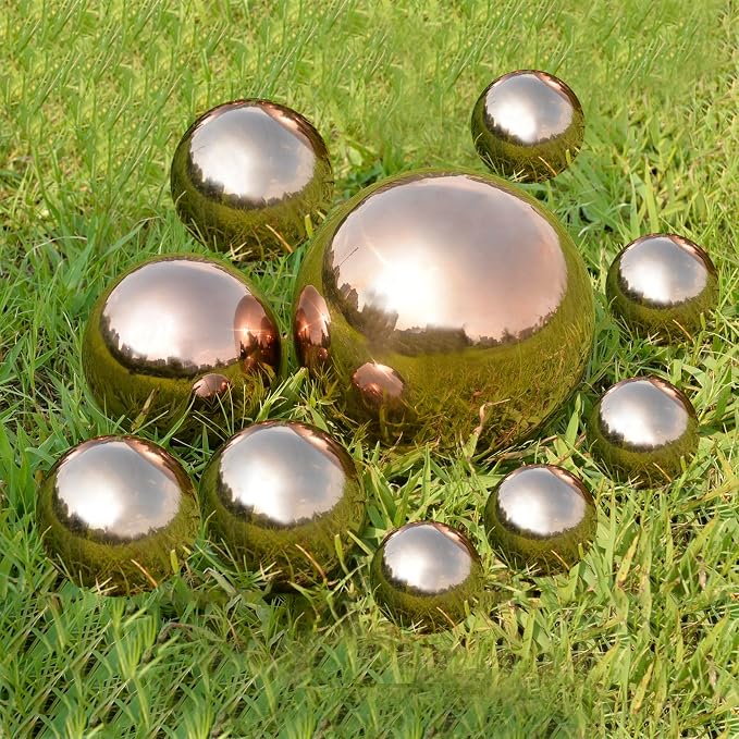 Gazing Ball Garden Mirror Outdoor, Outside Decorative Globe Rose Gold 10Pcs | Metal Polished Reflective Sphere, Stainless Steel Hollow Decoration Ornament for Home Pond Swimming Pool Housewarming Gift