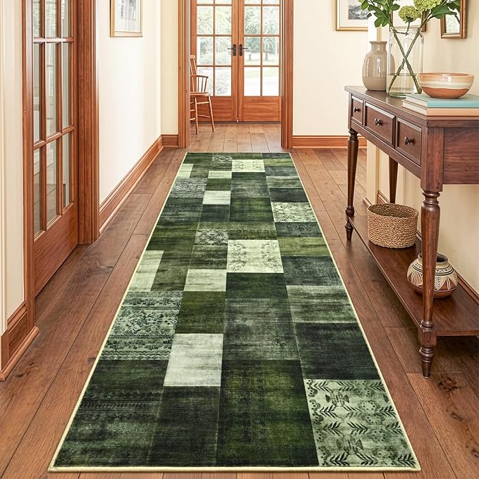 Runner Rug for for Hallways, 2'x6' Washable Kitchen Rugs with Non Slip Rubber Backing, Soft Low Pile Non-Shedding Geometric Carpet for Laundry Bedroom Bathroom, Green