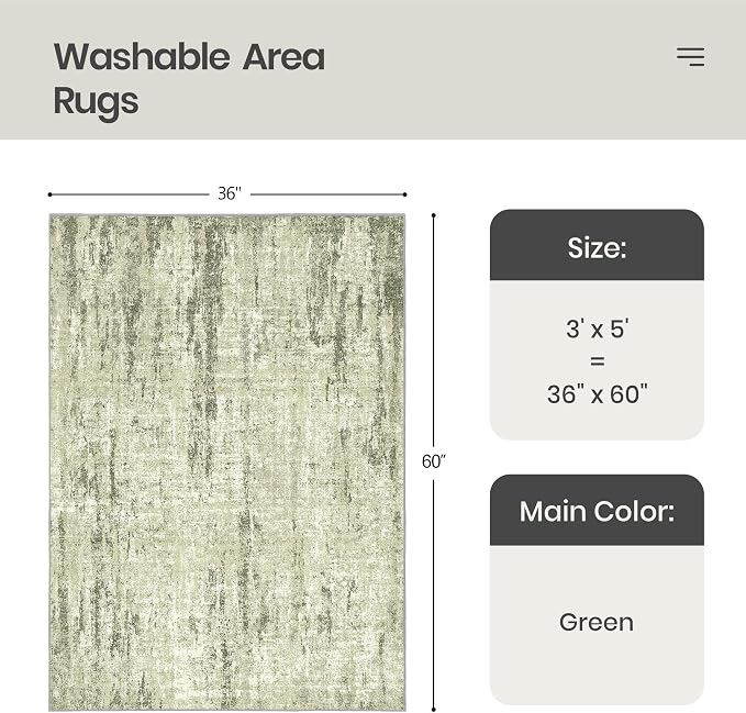 Valenrug 3x5 Rug Non Slip, Abstract Washable Entryway Rug for Bedroom Green | Soft & Lighweight, Folable, Stain Resistant Low Pile Thin Indoor Distressed Carpet Rugs for Living Room,Laundry Room,Kitchen