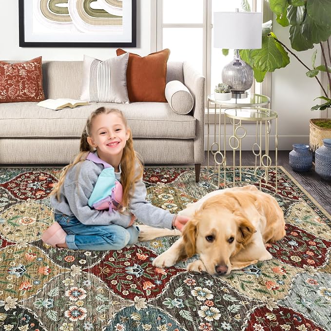 ROYHOME 8x10 Area Rug Trellis Floral Machine Washable Rug for Living Room | Accent Rug Stain Resistant Non-Slip Carpet Farmhouse Vintage Distressed Floral Floor Cover for Home Decor, Red/Brown
