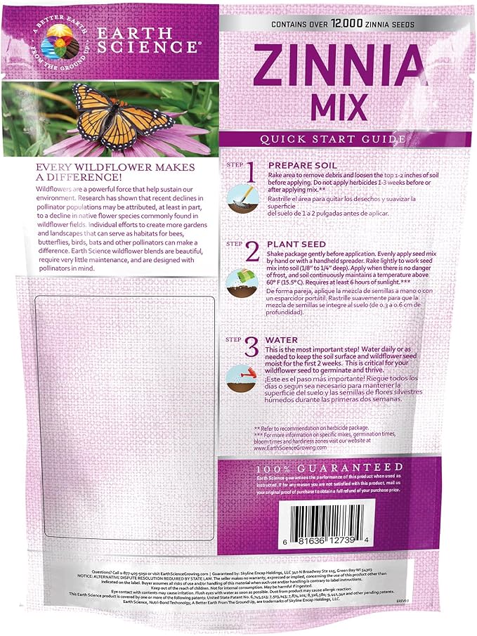 Earth Science Zinnia Seeds - 4oz, Over 12,000 Seeds, Non-GMO, No Harmful Chemicals or Pesticides, 1,000 Sq. Ft. of Vibrant Wildflower Blooms, Drought Tolerant and Easy to Grow
