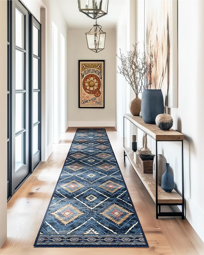 2'x6' Washable Area Rug for Living Room Runner Darkblue | Soft Western No Slip Low Pile Print Foldable Indoor Small Rug for Kitchen entrance entryway hallway