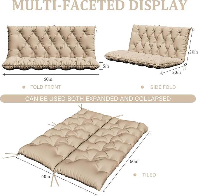 Porch Swing Cushion with Backrest,Waterproof Bench Cushion for Outdoor Furniture,2-3 Seater Replacement Thickened 5 in swing cushion,with Ties,Patio,Outdoor,Backyard and Garden (Sand,60x40 in)