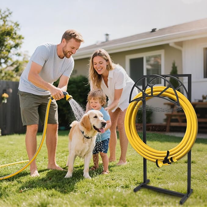 ZEMIRO CHARGE Heavy Duty Garden Hose Holder for Outside - Detachable Storage Basket with 4 Spikes Hooks, Super Stable Freestanding Stand Supports 150-Ft Hose, Perfect for Yard & Lawn