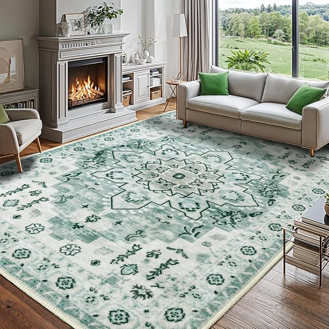 LBRO2M Machine Washable Rug Soft Pet Friendly Carpet 8X10 Green | Persian Rug 8X10 for Living Room, Bedroom, Dining Room, Home Office, Non Slip Carpet, Foldable Stain Resistant Rugs