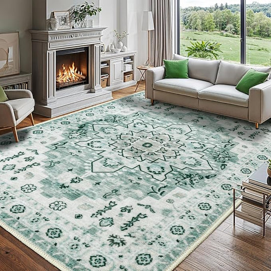LBRO2M Machine Washable Rug Soft Pet Friendly Carpet 8X10 Green | Persian Rug 8X10 for Living Room, Bedroom, Dining Room, Home Office, Non Slip Carpet, Foldable Stain Resistant Rugs