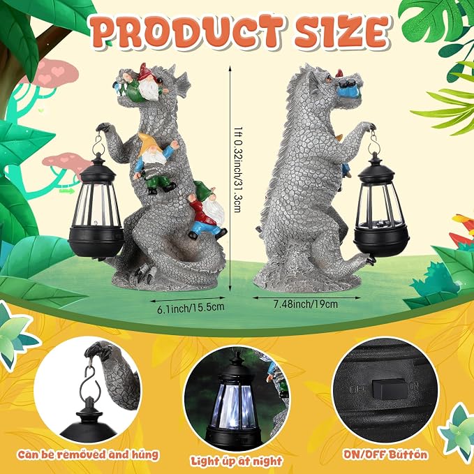 Garden Statue Decor with Solar Lantern Dinosaur Eating Gnomes Garden Statues Outdoor Decor 12” Dinosaur Gnomes Garden Statues Gnomes Statues Gardening Gift for Outdoor Patio Yard Decoration