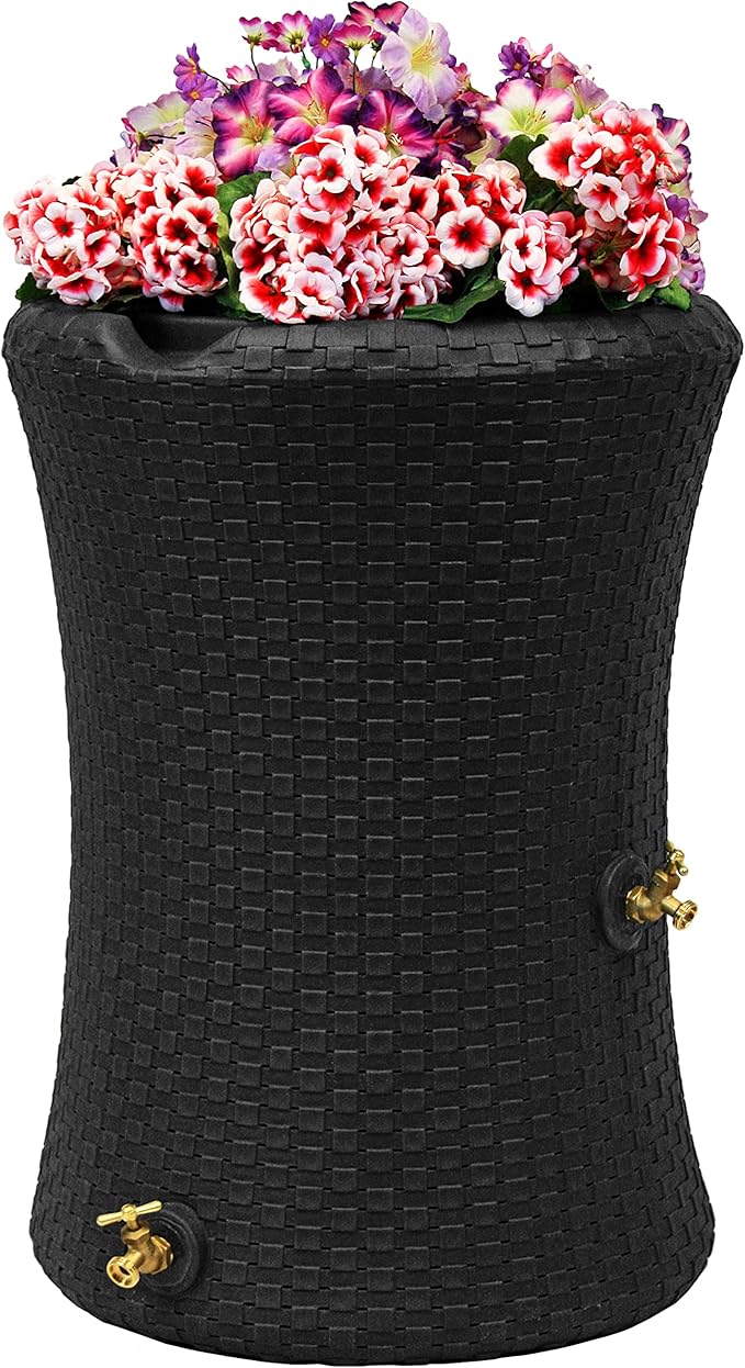 Good Ideas Impressions 50 Gallon Nantucket Outdoor Home Rain Barrel Water Storage Collector with Garden Planter and Brass Spigot, Black