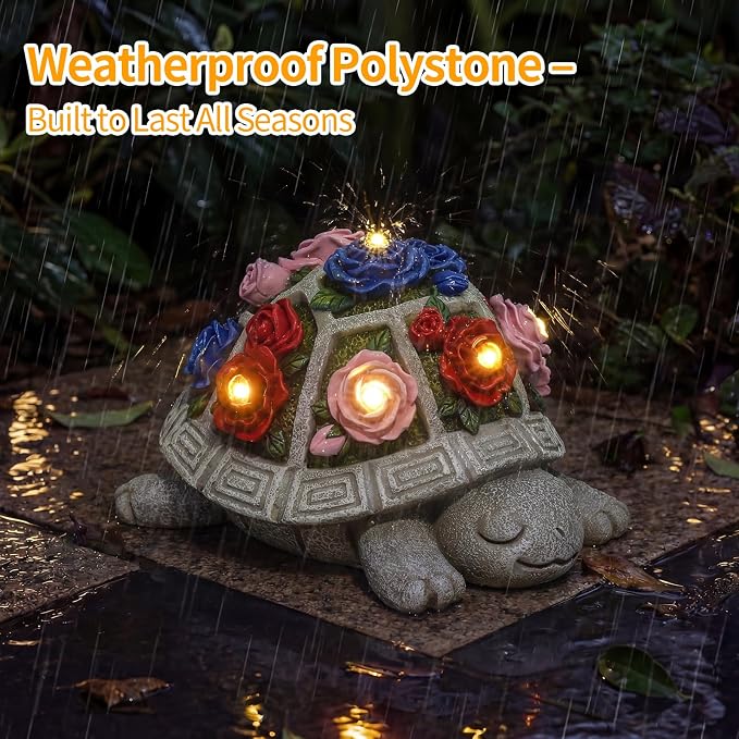 Solar Garden Decor Outdoor Turtle Statue with Multi-Color Rose Flowers & 7 LED Lights – Outside Tortoise Decoration for Lawn Yard Patio Backyard - Home House Art - Gift for Men Dad Women Mom