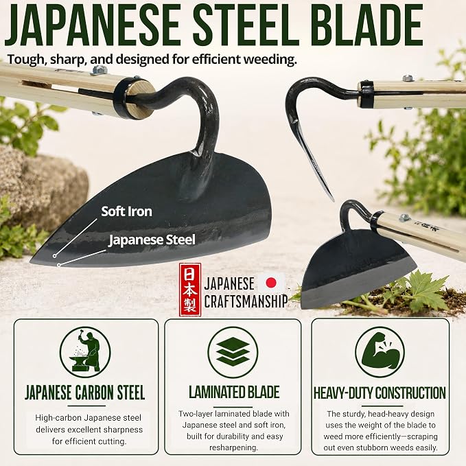 KAKURI Japanese Garden Hoe Heavy Duty 50" Long Handle for Weeding - Draw Hoe Weeder Tool - Sharp Japanese Steel Blade & Wooden Handle - Made in Japan