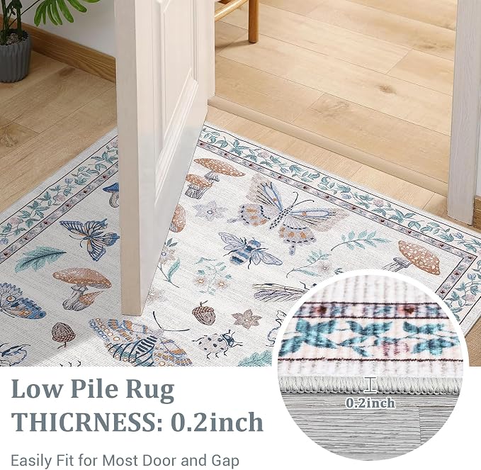 ROYHOME Washable Rug 5x7 Area Rugs for Living Room, Mushroom Insect Rug for Bedroom, 5x7 Rug Non Slip Throw Rugs with Rubber Back, Low Pile Stain Resistant Modern Carpet for Dining Room Dorm,Beige