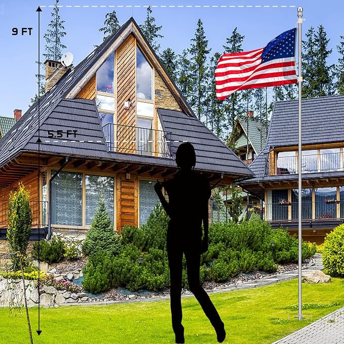 Flag Pole for Outside House in Ground - 9 ft Adjustable,5 Pronges Stake Base - Heavy Duty Inground Flag Pole Kit for Front Yard Garden Outdoor Camper, 1" Portable Flagpoles Residential Stand