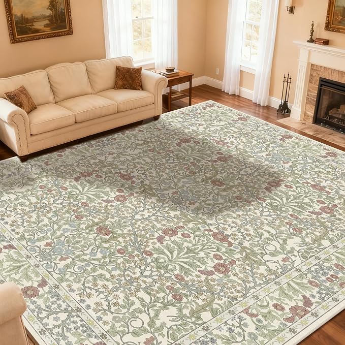Extra Large 10x14 Area Rug for Living Room, Washable Rugs for Dining Room, Bedroom, Non Slip Stain Resistant Carpet, Low Pile Vintage Floral Rug (Light Green)
