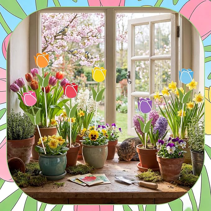 Pickmesh 6 Pcs 12" H Spring Decorations Outdoor Tulips Metal Yard Sign Flowers Spring Colorful Flower Barn Garden Stake for Easter Planter Pot Walkway Pathway Outdoor Decor Lawn Decoration