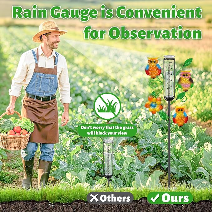 Owl Rain Gauge Outdoor, Metal Rain Gauges Stake with 6“ Glass Tube, Decorative Rain Gauges for Yard Garden Lawn for Precipitation Measurement