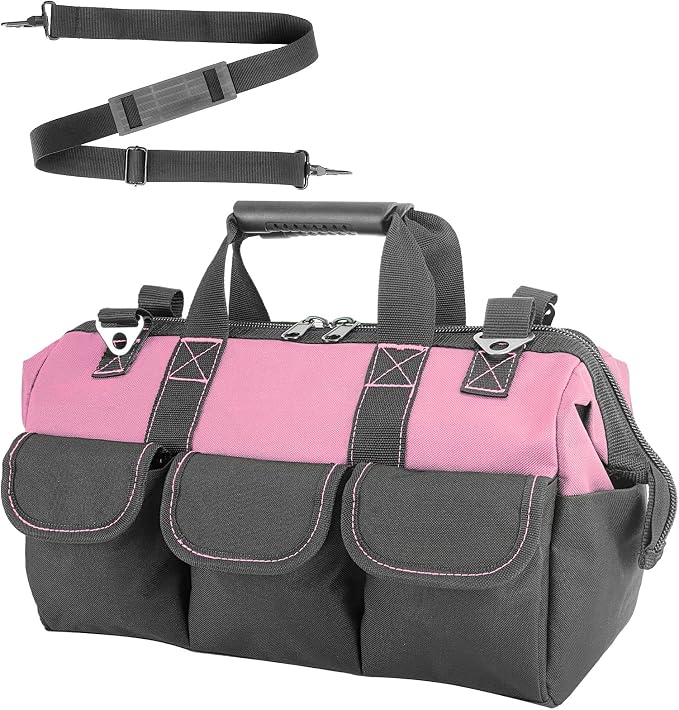Women Heavy Duty Tool Bag Storage Organizer for Tools,16 x 7.5 x 10.5 inches,50 Pound Capacity, 600D Polyester Fabric (Pink)
