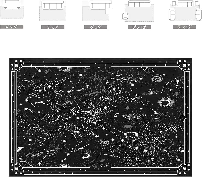 Nayoroom Celestial Starry Night Black Area Rug, Machine Washable, 8 x 10 ft | Moon phases and star motifs; Gothic black palette; Soft surface; Machine washable; Non-slip backing; Bedroom or living room