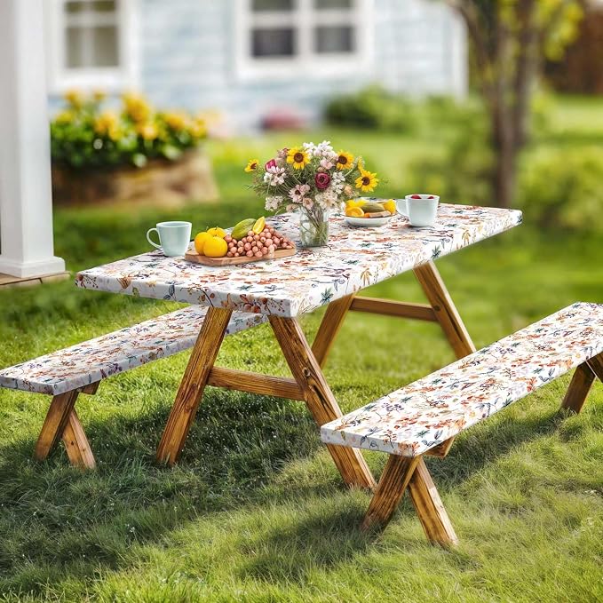 Picnic Table Cover with Bench Covers Elastic Colorful Floral Patterns Waterproof Tablecloth with Drawstring Bag Camping Gear and Essentials Rv Accessories Road Trip Supplies Car Travel Must Haves