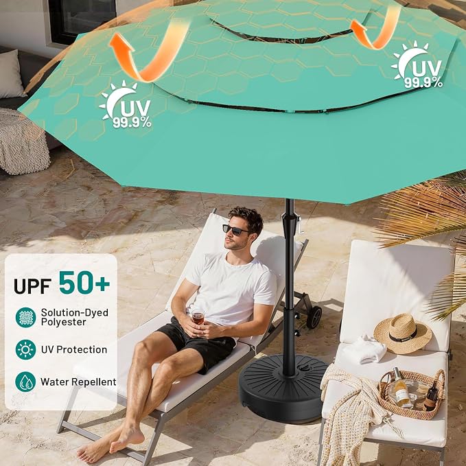 AreShark 9ft 3-Tier Patio Umbrellas, Outdoor Umbrella with 8 Sturdy Ribs UV Protection Windproof, Market Table Umbrella w/Push Button Tilt & Crank for Pool, Porch, Deck, Garden(Aruba Blue)