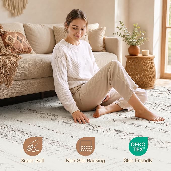cotiled Boho 10x14 Area Rug for Living Room: Large Moroccan Washable Rug | Stain Resistan Carpet for Bedroom Farmhouse Brown Cream
