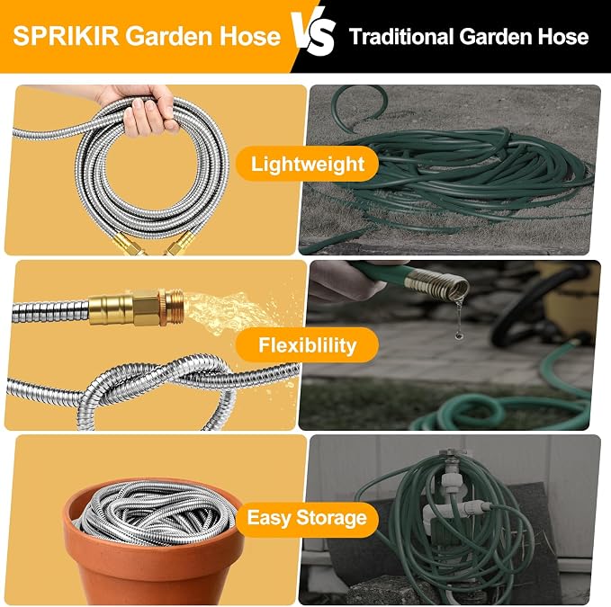 150 ft Garden Hose, Metal Water Hose 100 ft with 10 Function Nozzle & 3/4 Copper Fitting, Heavy Duty & Flexible, Kink Free & Lightweight for Yard, Outdoor, Lawn, Patio & Car