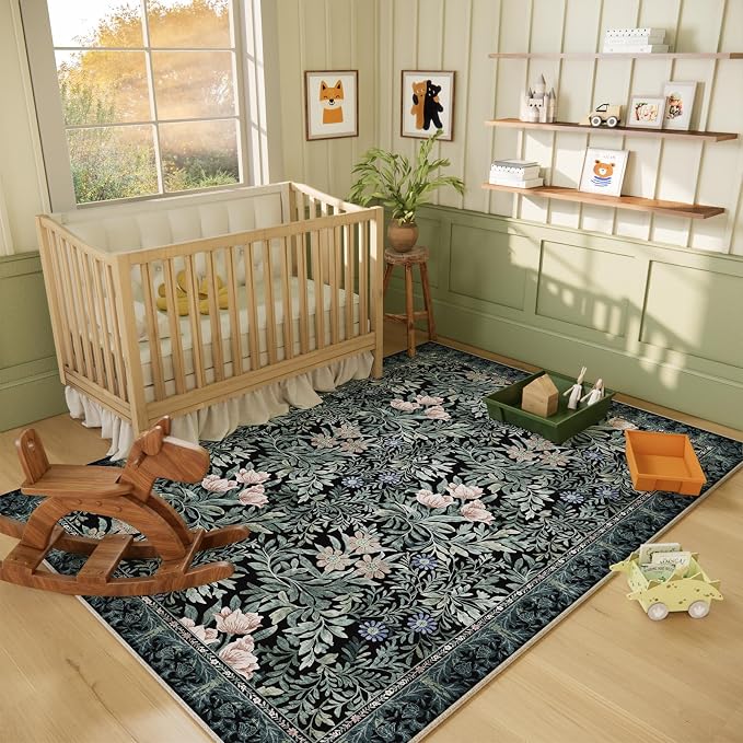 Washable Area Rugs 5x7 Black Green Vintage Floral Botanical Pattern,Perfect for Living Room, Bedroom, Kids Room, Nursery - Stain & Water Resistant Non-Slip, Pet & Child Friendly/Bedroom Decor