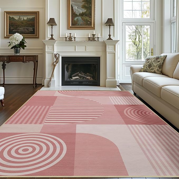 Area Rug 6x9 Living Room Pink Geometric Rug Machine Washable Minimalist Line Mid Century Modern Area Rugs Non Slip Low Pile Large Dining Room Indoor Floor Carpet for Bedroom Office,Pink